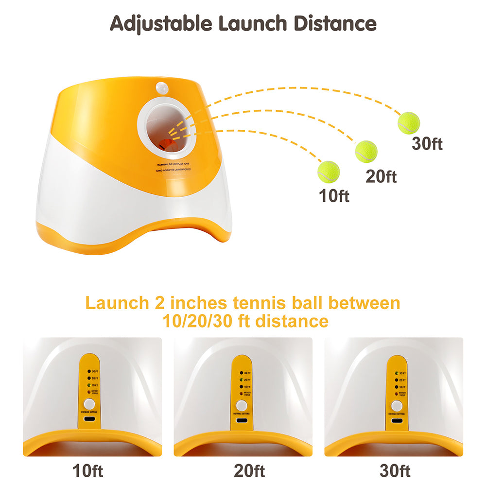 Yellow and white device with adjustable launch distance for tennis balls on a white background