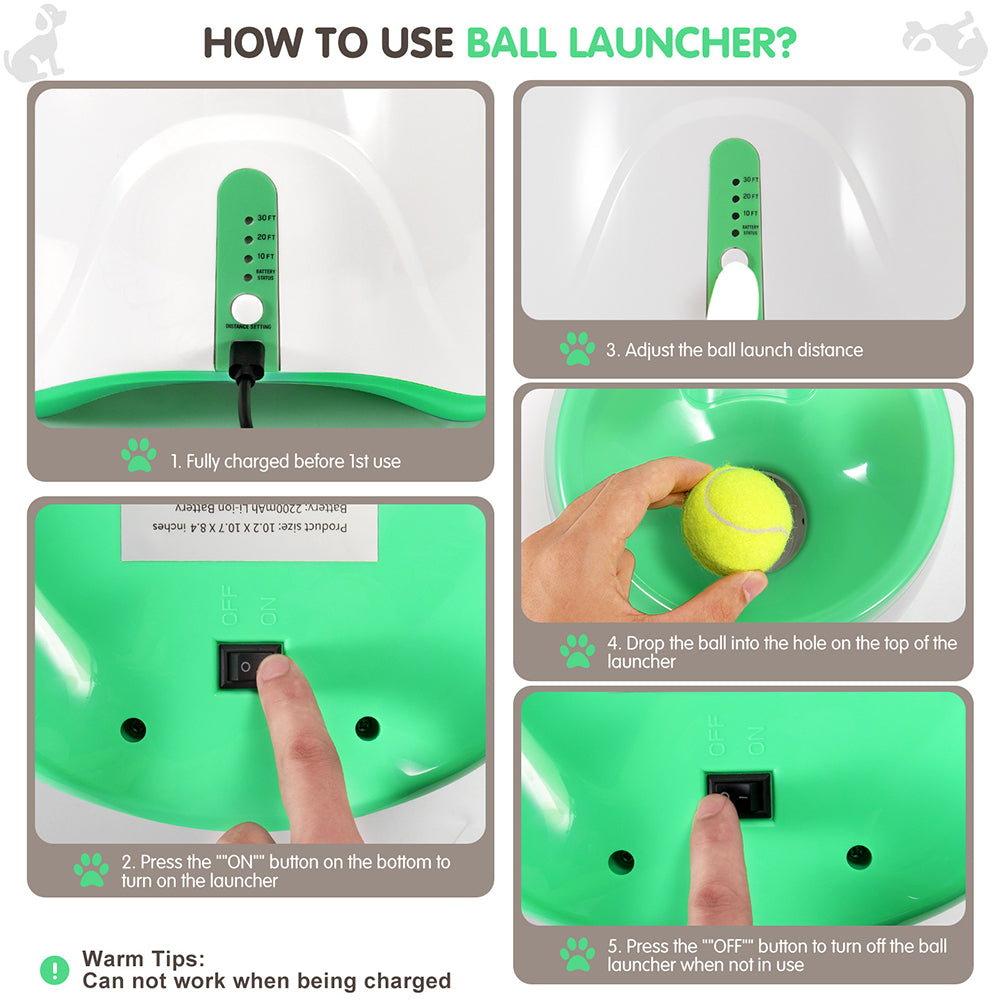 Instructions on how to use a green ball launcher with text labels.