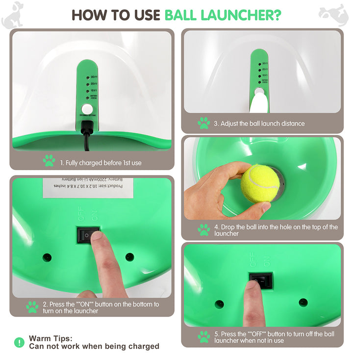 Instructions on how to use a green ball launcher with text labels.