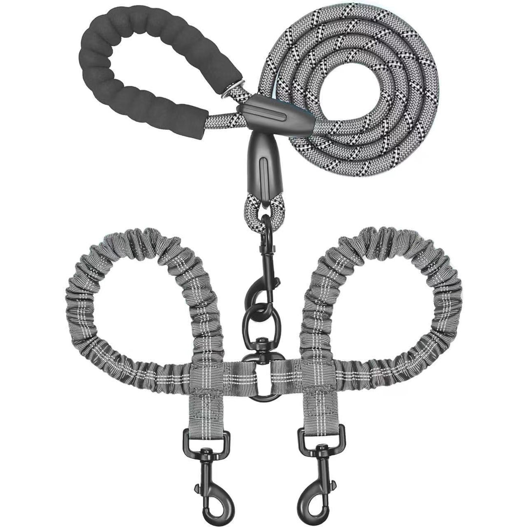 Dog leash and harness set with gray and black pattern on a white background
