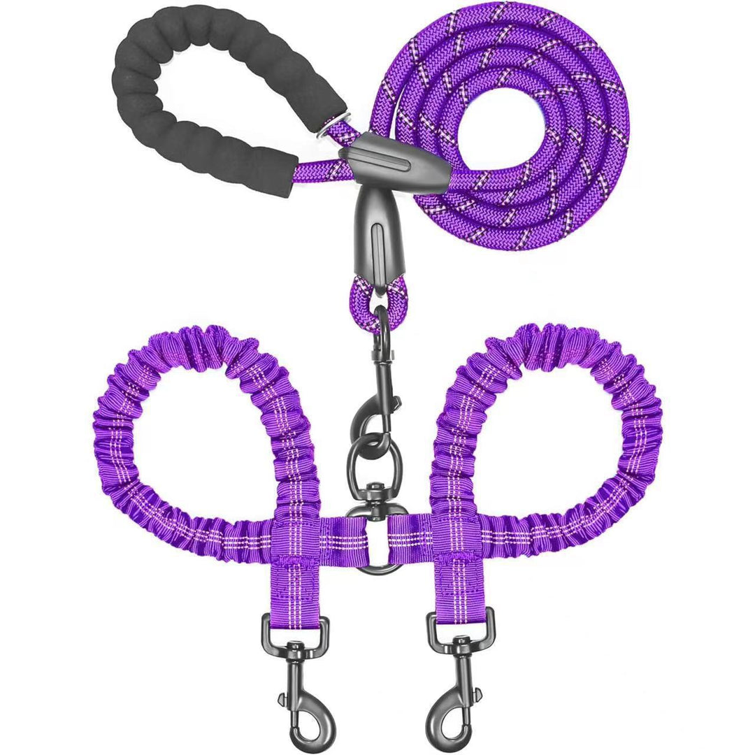 Purple dog leash with two connectors on a white background