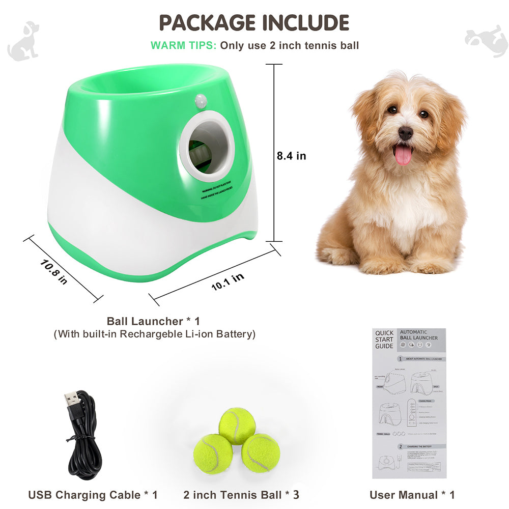 Pet ball launcher with tennis balls and charging cable, featuring a dog and product dimensions on a white background.