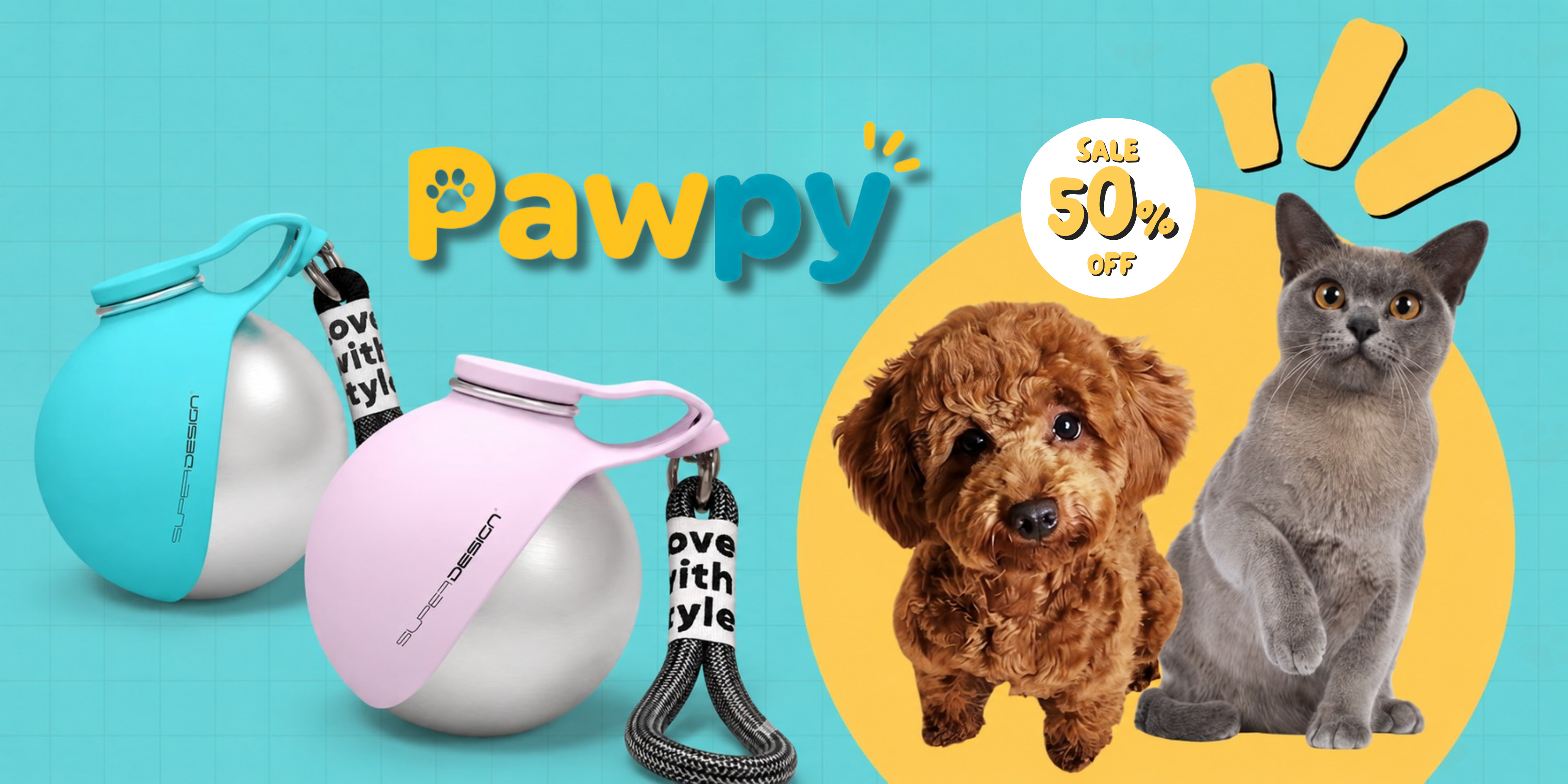 Promotional image of Pawpy products with two dogs and a cat on a blue and yellow background.