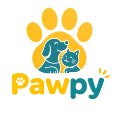 Logo of 'Pawpy' with a dog and cat inside a yellow paw print on a white background.