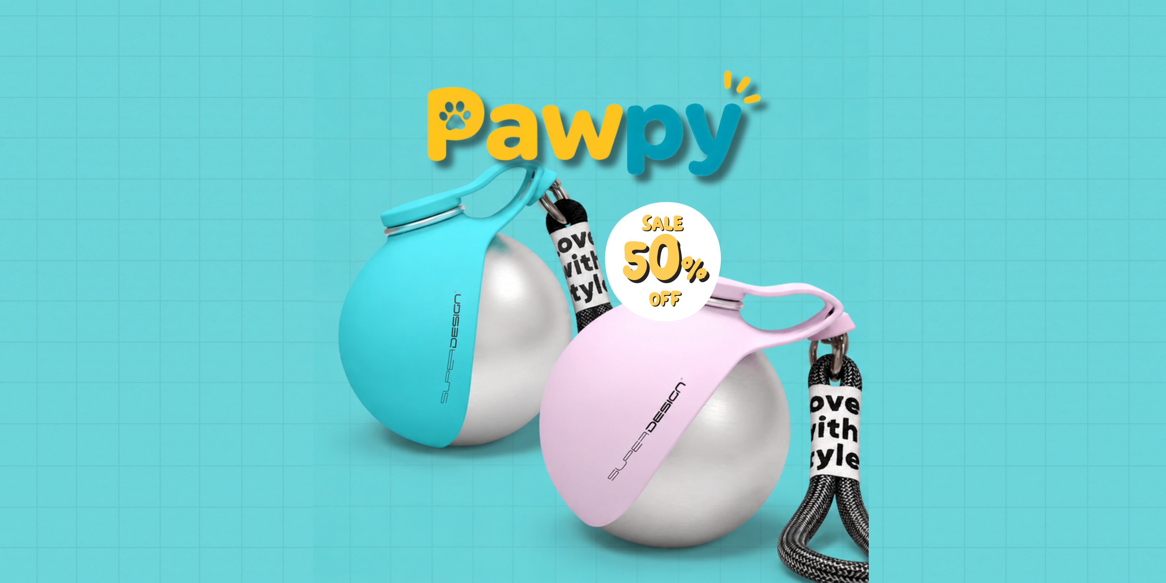 Two pet products with 'Pawpy' branding on a blue background