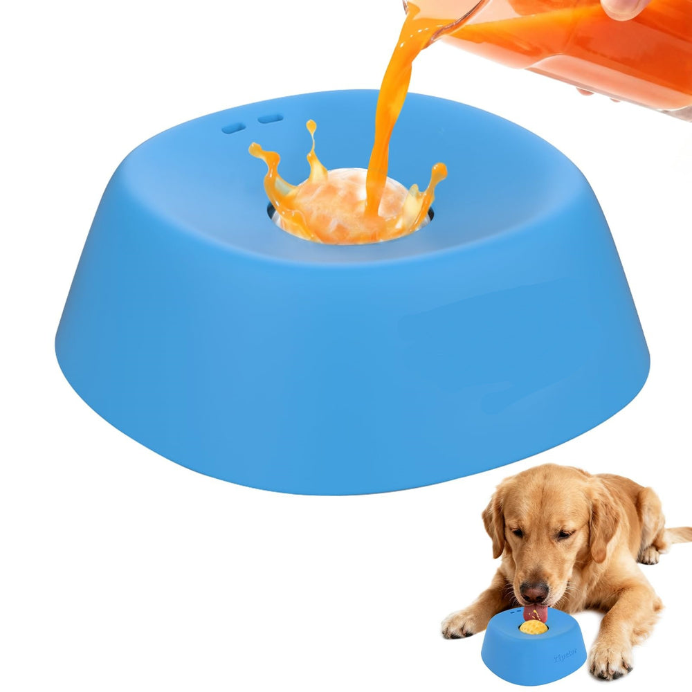 Blue dog toy with orange liquid being poured into it, next to a dog eating from the same toy.