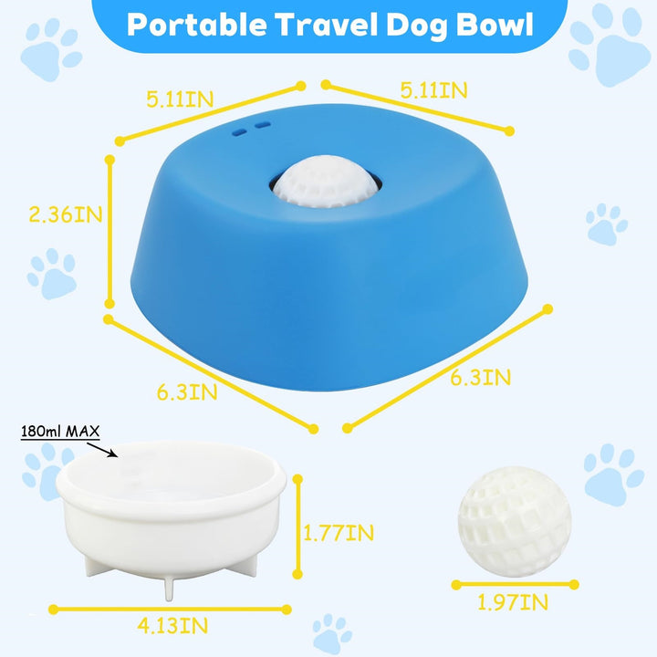 Portable travel dog bowl with measurements on a blue background with paw prints.