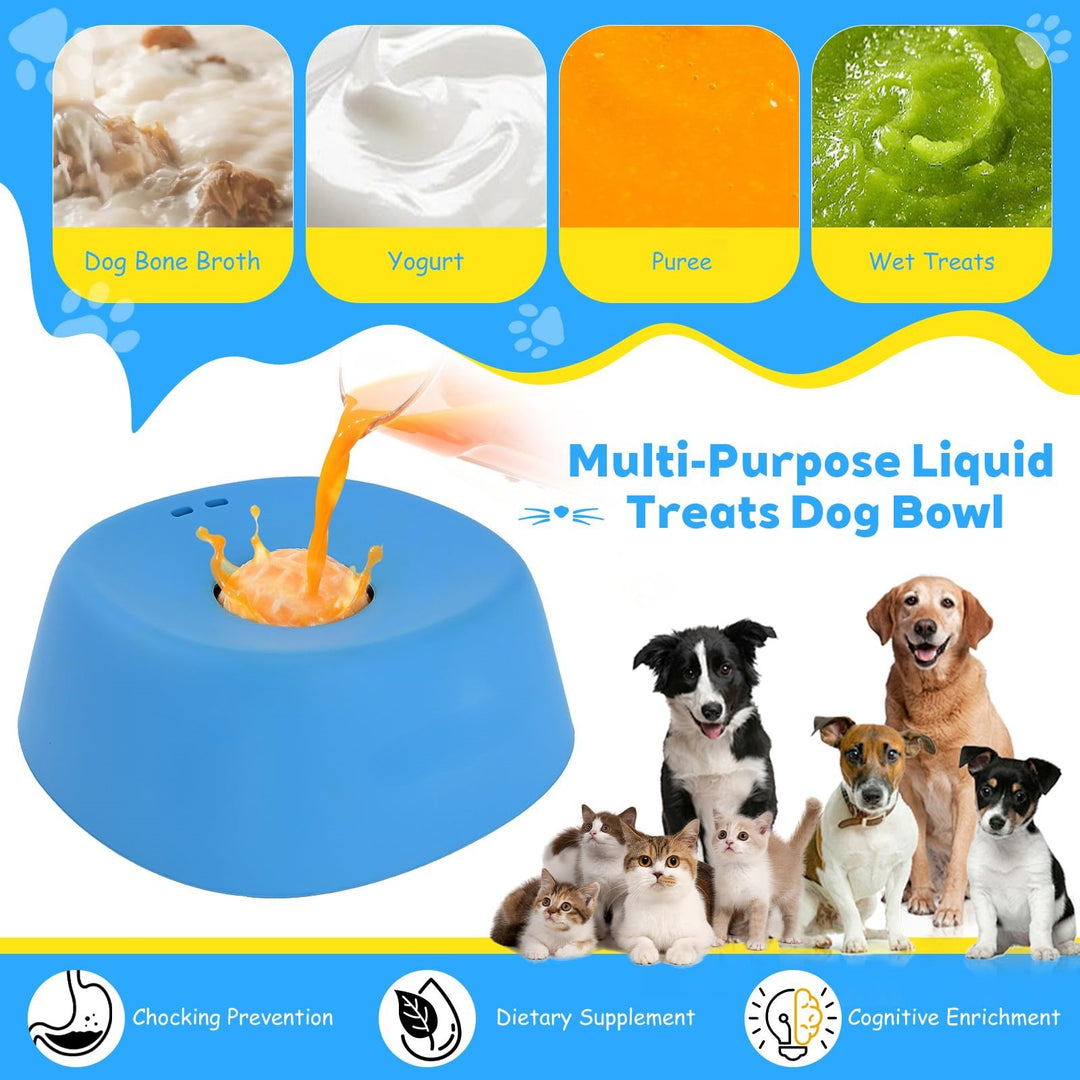 Blue liquid treat dispenser for pets with images of different treats and breeds of dogs and cats.
