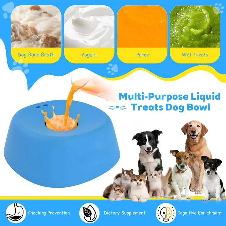 Blue liquid treat dispenser for pets with images of different treats and breeds of dogs and cats.