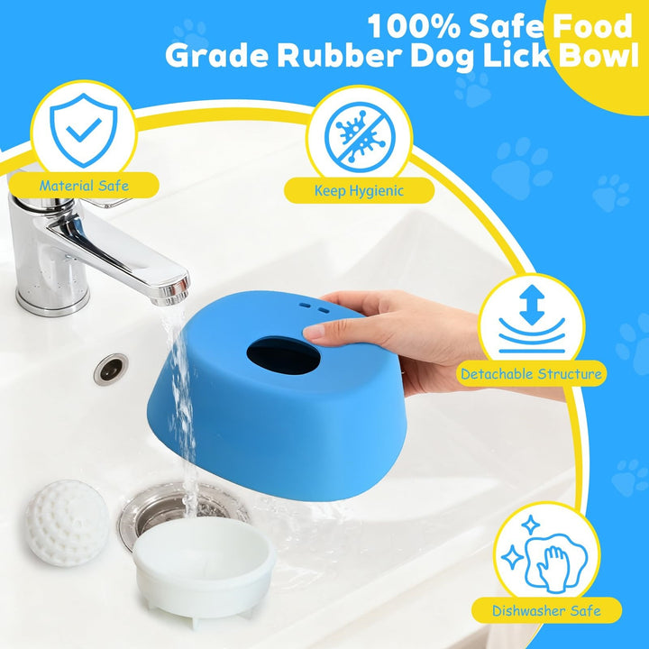 Blue pet water bowl with faucet attachment on a sink, featuring safety features.