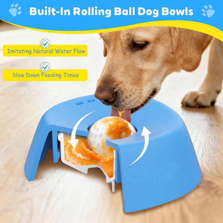 Dog eating from a blue built-in rolling dog bowl on a wooden floor.