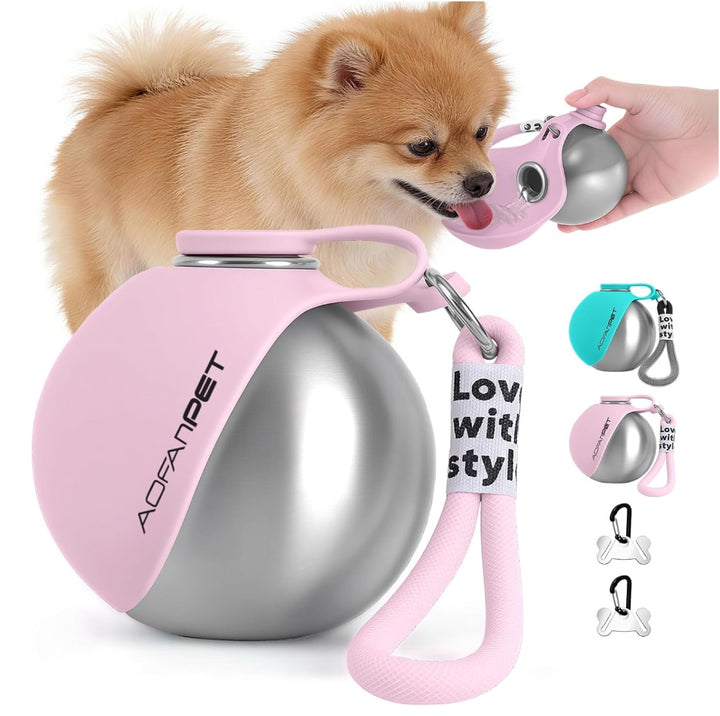 Pink Portable Stainless Steel Water Bottle with dog drinking in the background