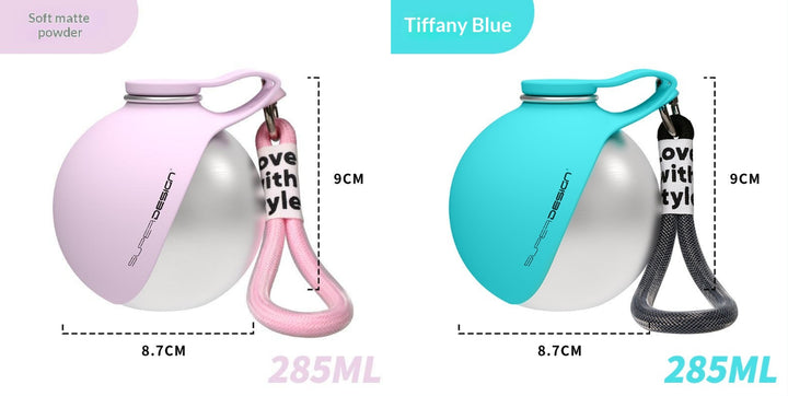 Two small containers, one pink and one turquoise, with measurement details on a white background.