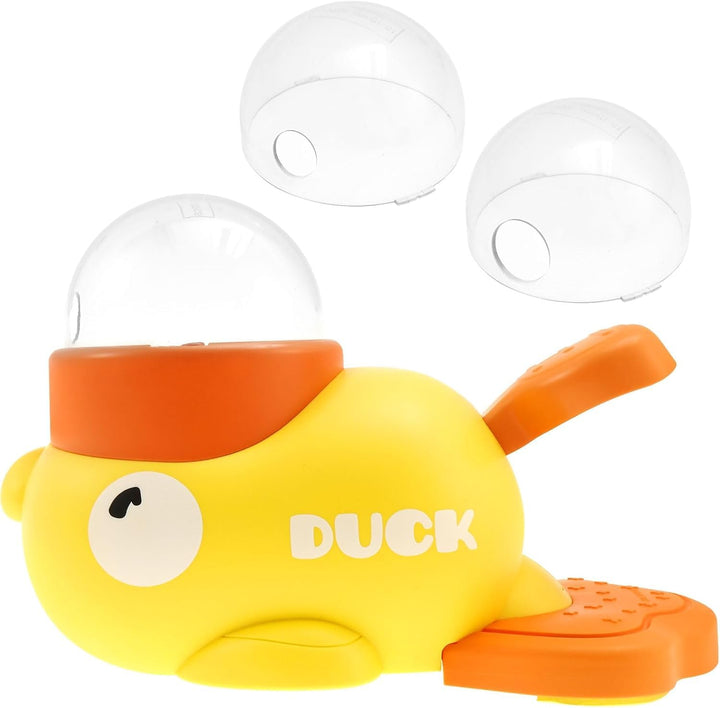 Yellow duck toy with orange beak blowing bubbles on a white background