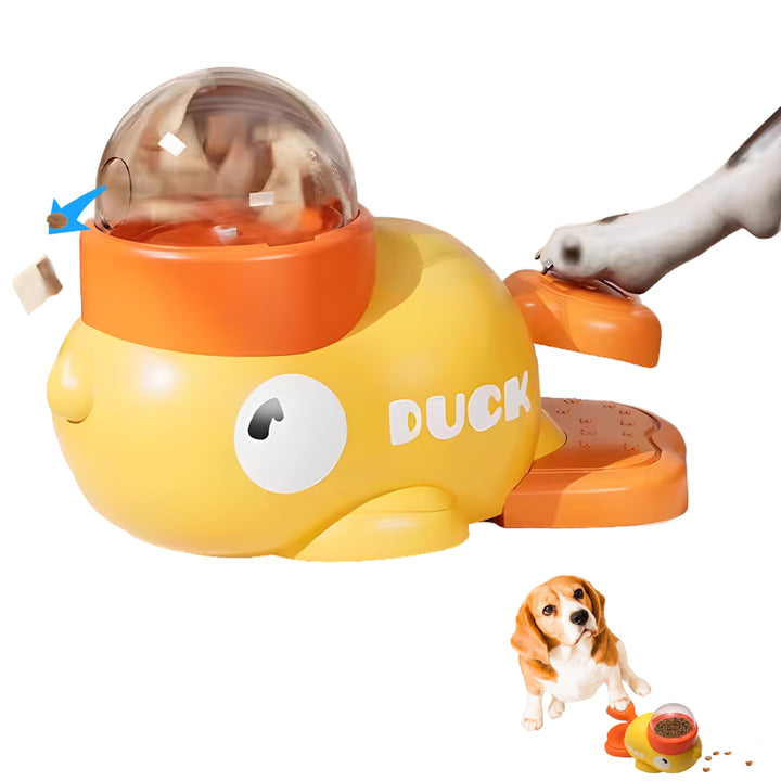 Yellow duck-shaped toy with a transparent top, designed for dogs to interact with.