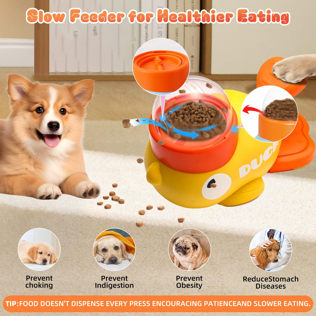 Dog slow feeder with text highlighting benefits on a carpeted floor.