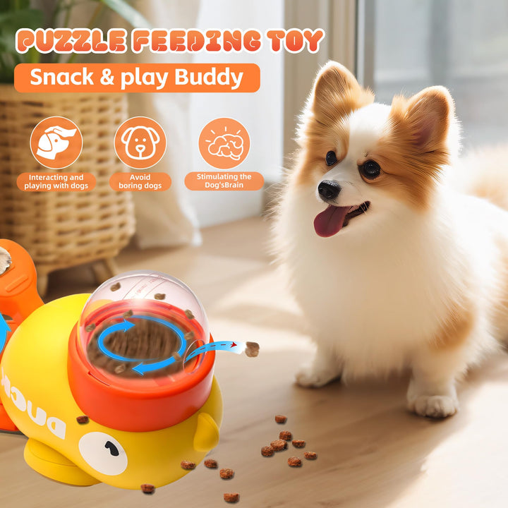 Dog puzzle feeding toy with a dog interacting with it on a wooden floor.