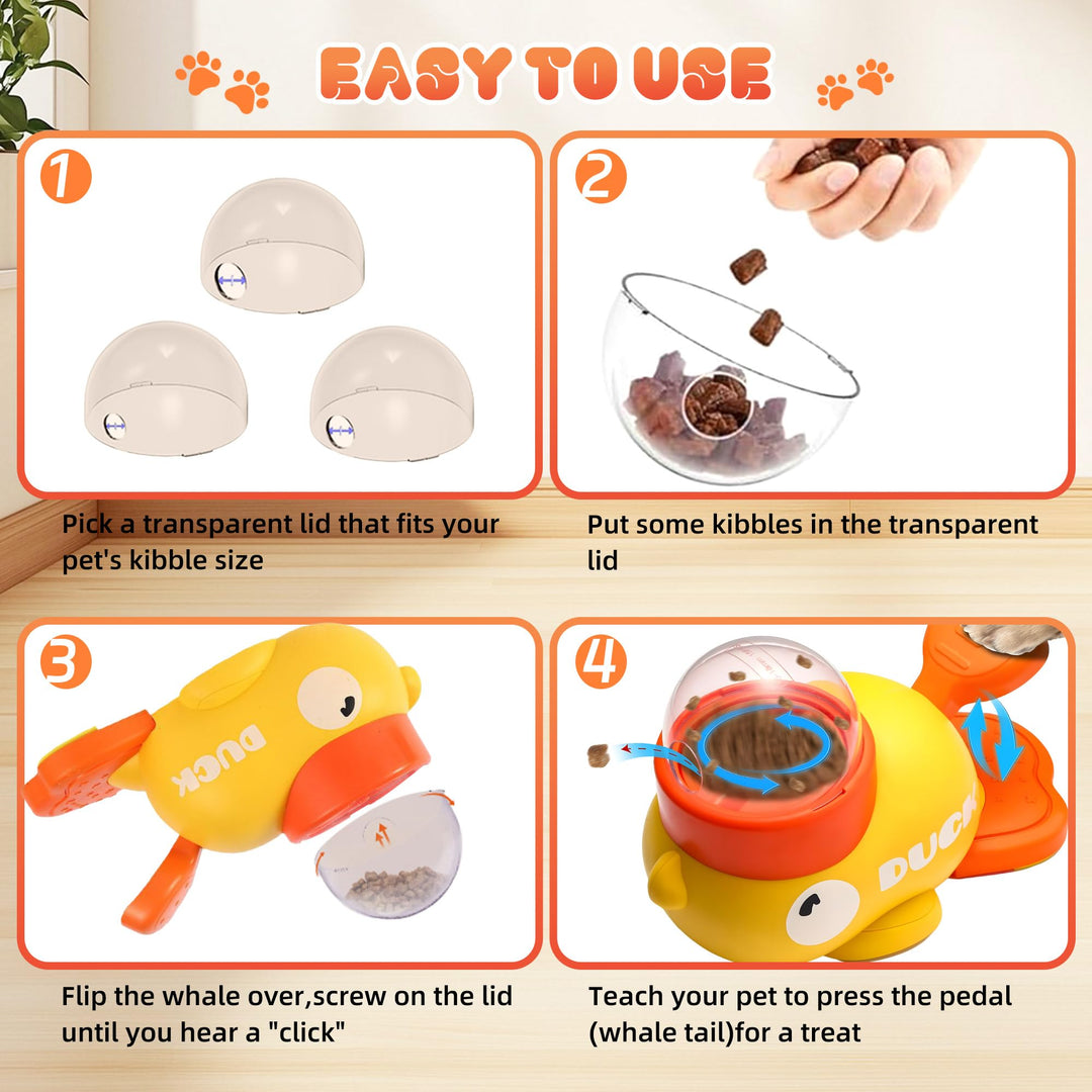 Instructions for using a pet toy with a whale design, showing how to fit a transparent lid, add kibble, flip the toy over, and press the tail for treats.