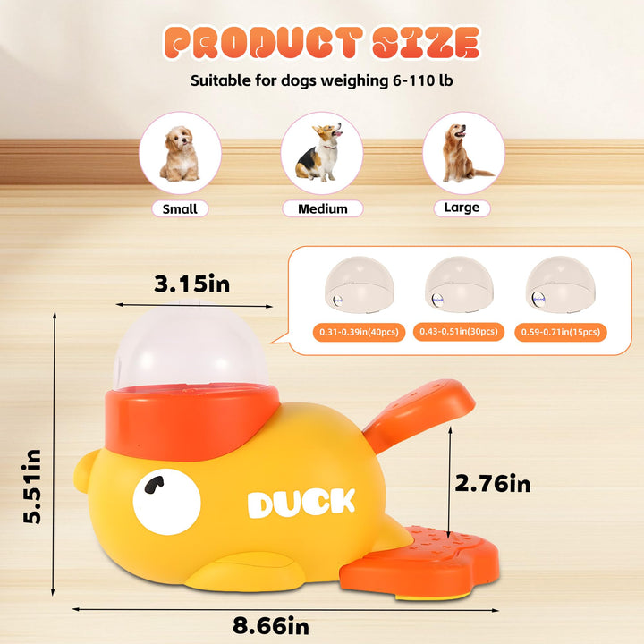Yellow duck-shaped toy with measurements and size suitability for dogs on a beige background