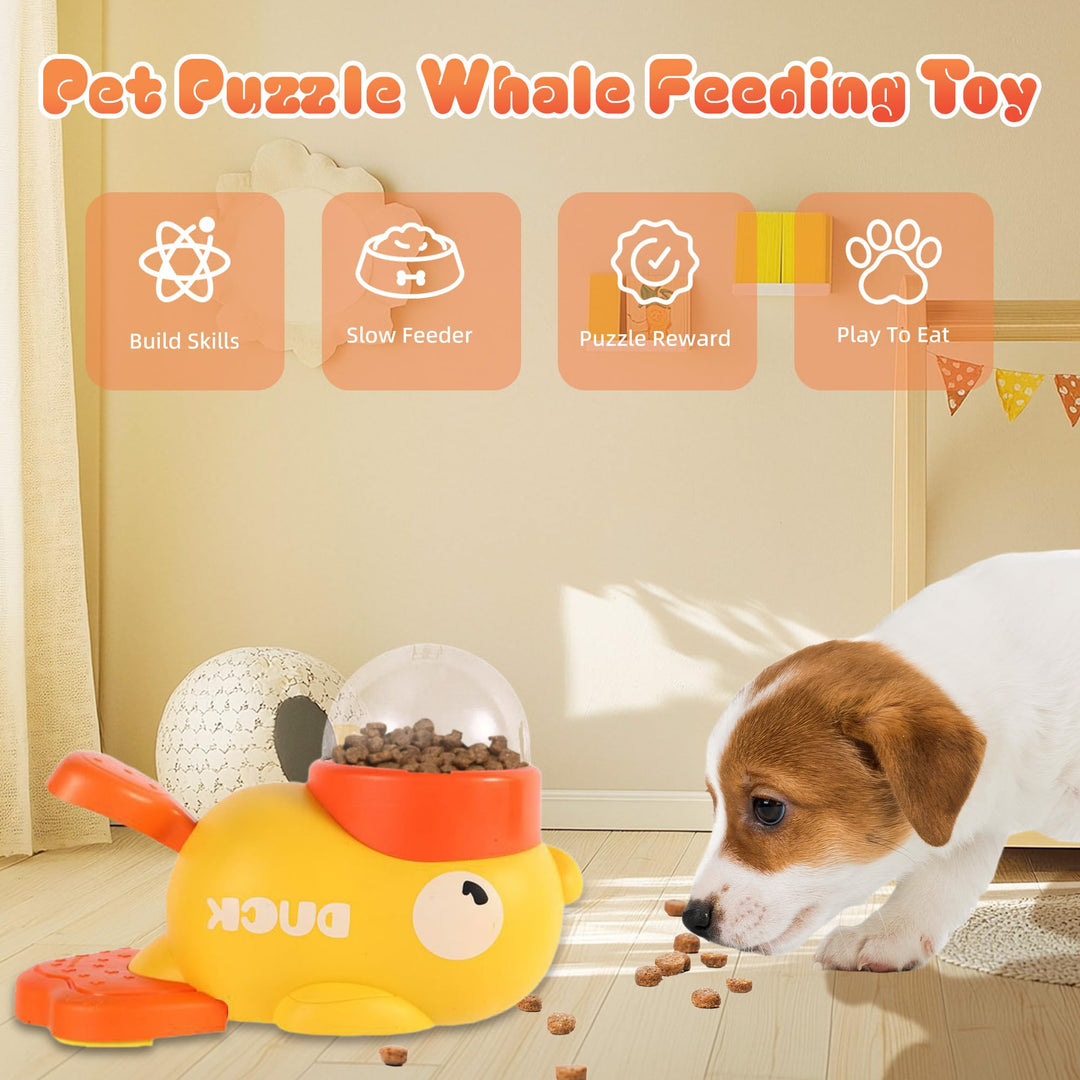 Pet puzzle whale feeding toy with a dog interacting with it on a wooden floor.