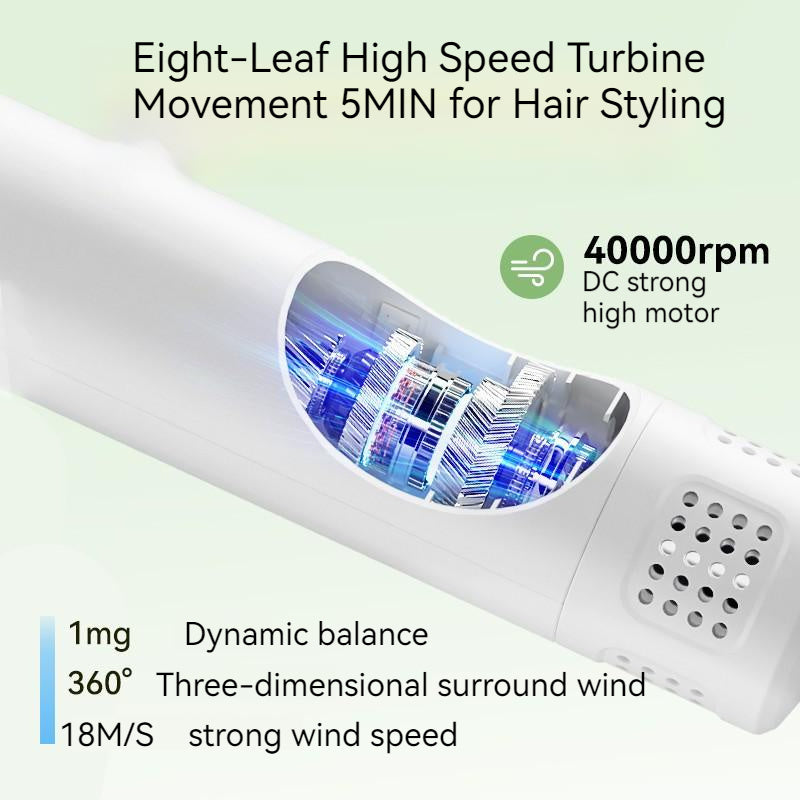 Hair styling tool with high-speed turbine movement and specifications on a light green background