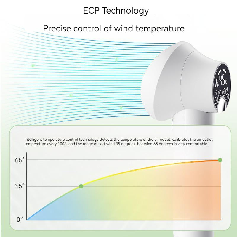 Smart Pet Hair Dryer & Grooming Comb with ECP Technology for precise wind temperature control, featuring a graph on a white background.