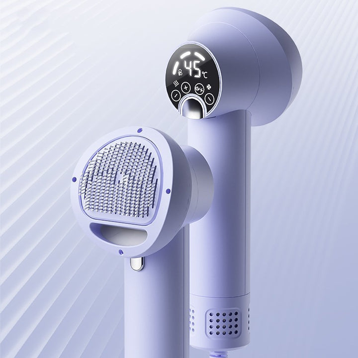 Purple Smart Pet Hair Dryer & Grooming Comb with digital temperature display on a light blue background
