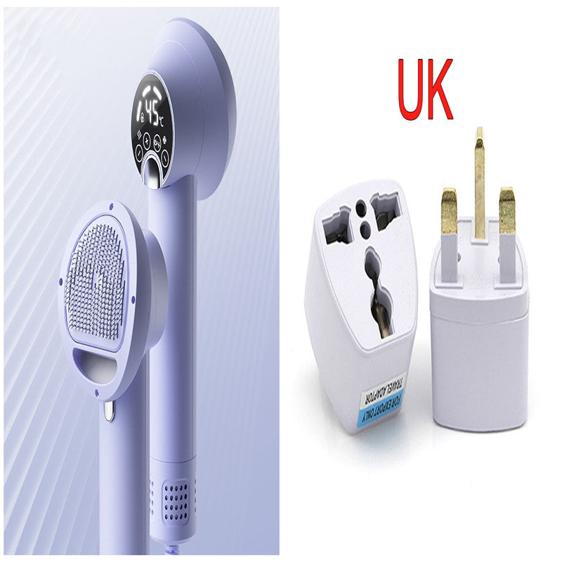 Purple Smart Pet Hair Dryer & Grooming Comb head and UK plug adapter on a white background