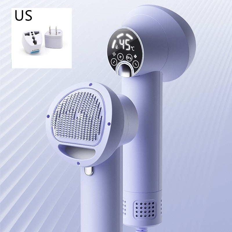 Purple Smart Pet Hair Dryer & Grooming Comb with digital display on a light blue background