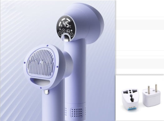 Purple Smart Pet Hair Dryer & Grooming Comb with digital display and attachments on a light gray background