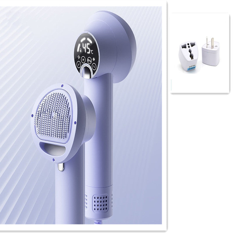 Purple handheld Smart Pet Hair Dryer & Grooming Comb with digital temperature display on a light blue background