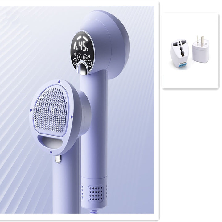 Purple handheld Smart Pet Hair Dryer & Grooming Comb with digital temperature display on a light blue background