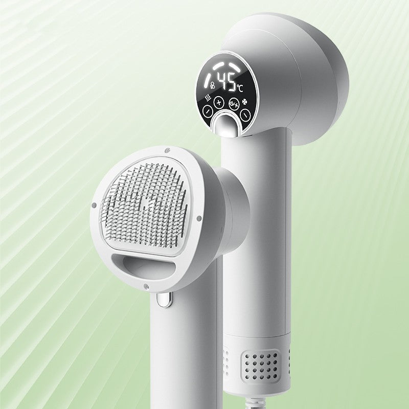 White Smart Pet Hair Dryer & Grooming Comb with digital display on a light green background