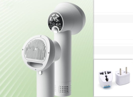 White Smart Pet Hair Dryer & Grooming Comb with digital display on a light green background, accompanied by two white plugs.