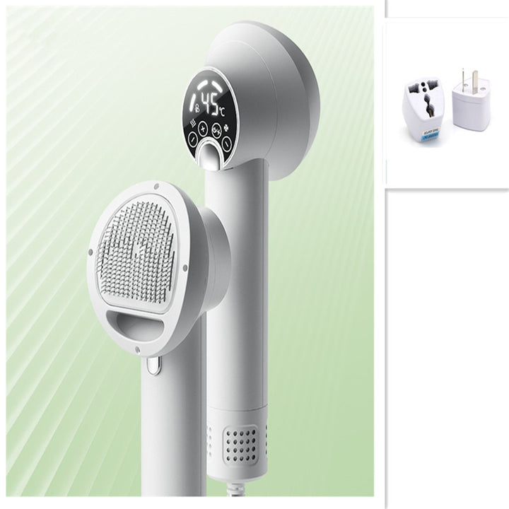 White Smart Pet Hair Dryer & Grooming Comb with digital display on a light green background
