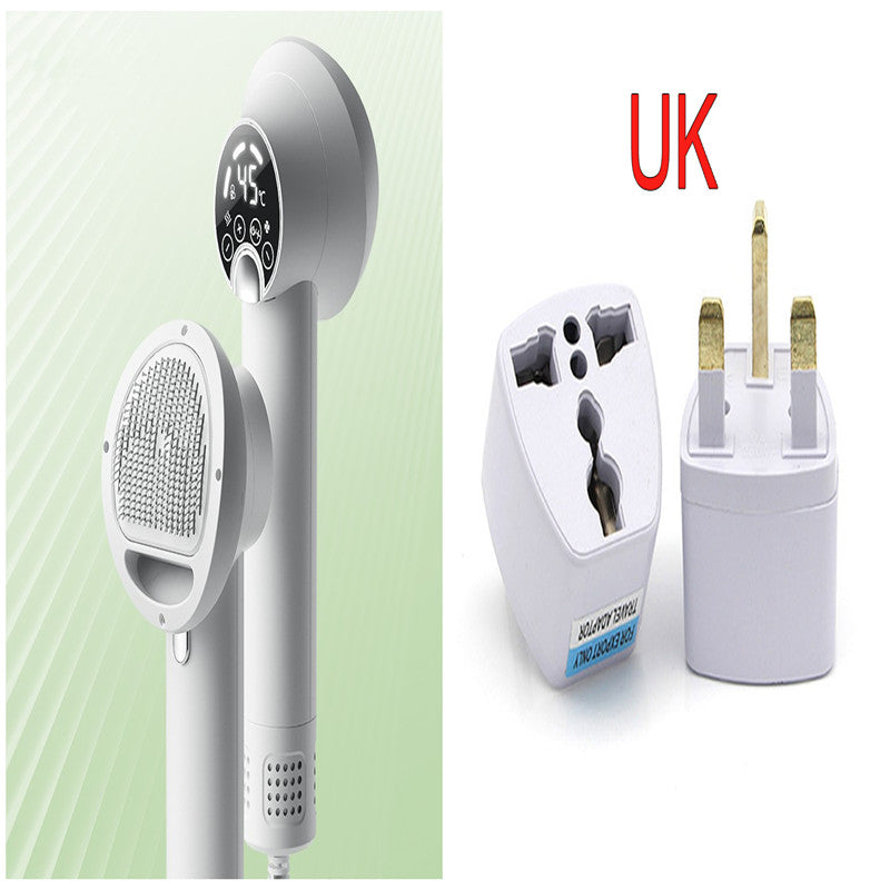 White Smart Pet Hair Dryer & Grooming Comb and UK plug adapter on a white background