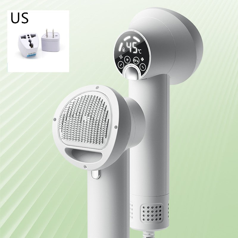 White handheld Smart Pet Hair Dryer & Grooming Comb with digital display on a light green background