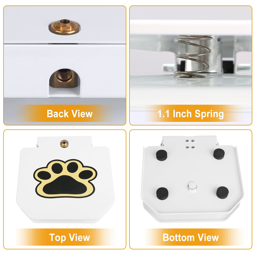 Product view from back, top, and bottom with a paw print design.