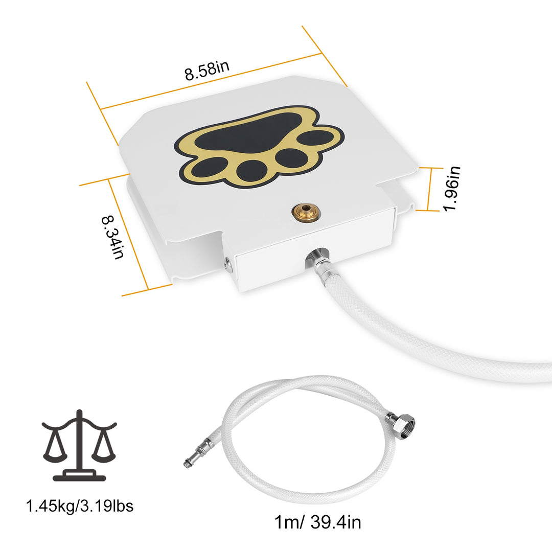 White electronic device with a paw print design, dimensions, weight, and cable length displayed.