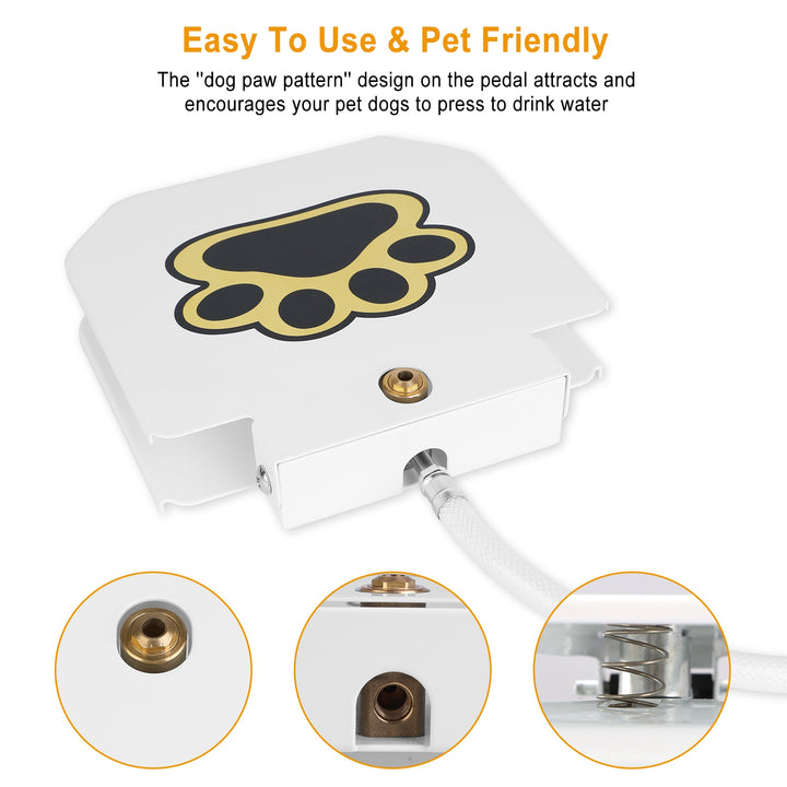 White pet water fountain with dog paw pattern and detailed view of components on a white background.