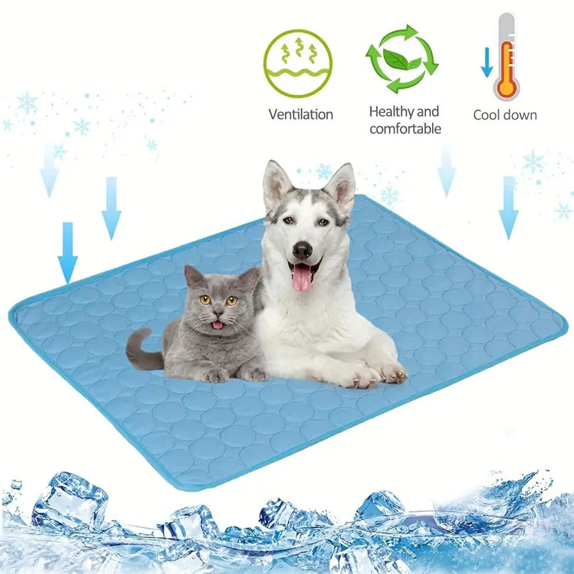 Cooling pad for pets with two dogs and a cat on it, surrounded by ice cubes and cooling icons.
