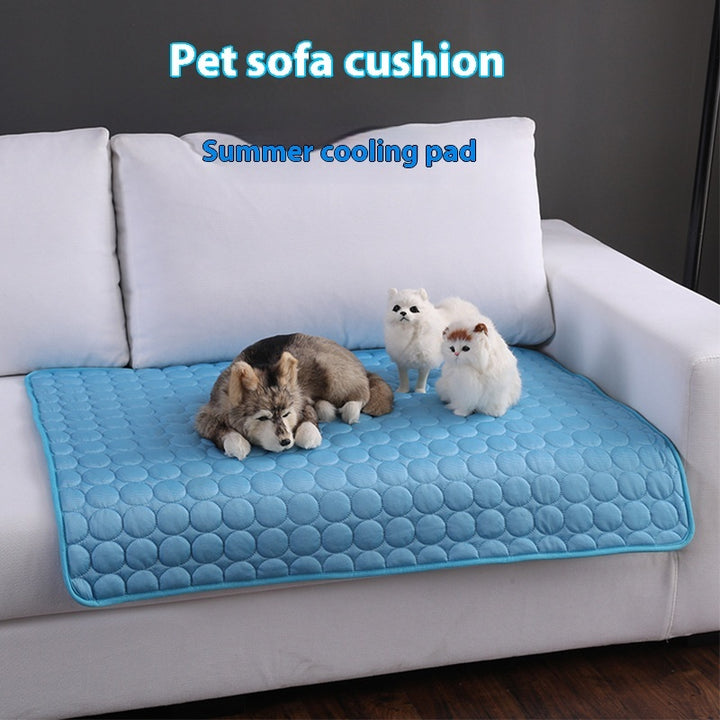 Pet sofa cushion with a dog and two cats on a blue cooling pad