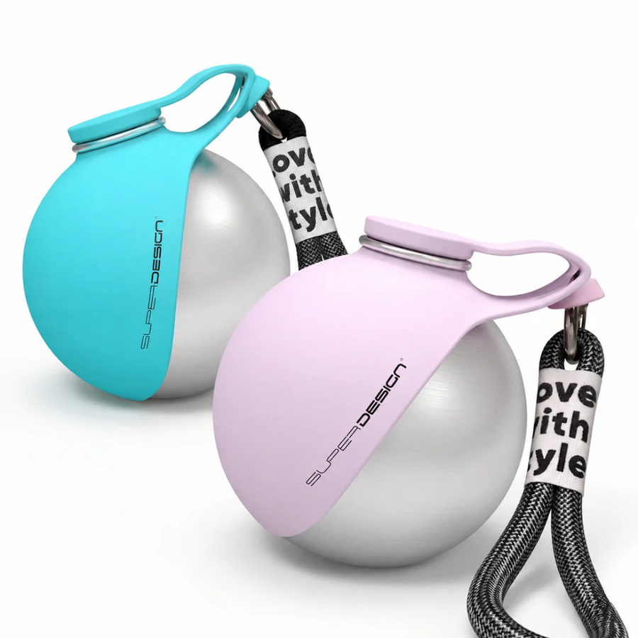 Two stainless steel pet water bottles in pink and teal color with lanyards on a white background